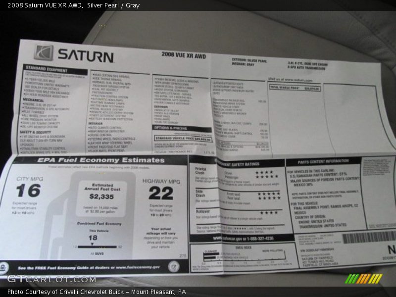 2008 VUE XR AWD Window Sticker