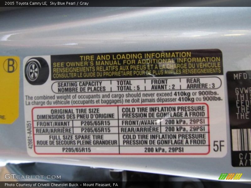 Sky Blue Pearl / Gray 2005 Toyota Camry LE