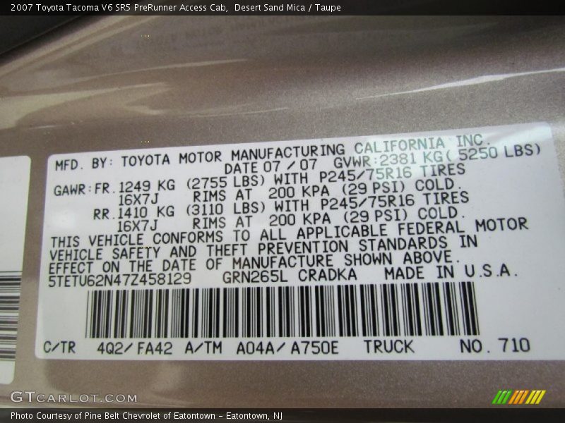Desert Sand Mica / Taupe 2007 Toyota Tacoma V6 SR5 PreRunner Access Cab