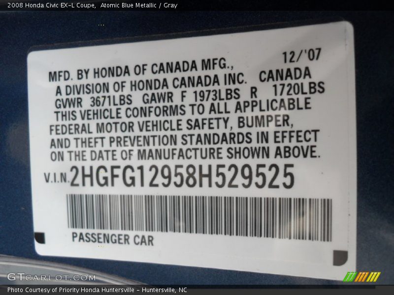 Atomic Blue Metallic / Gray 2008 Honda Civic EX-L Coupe