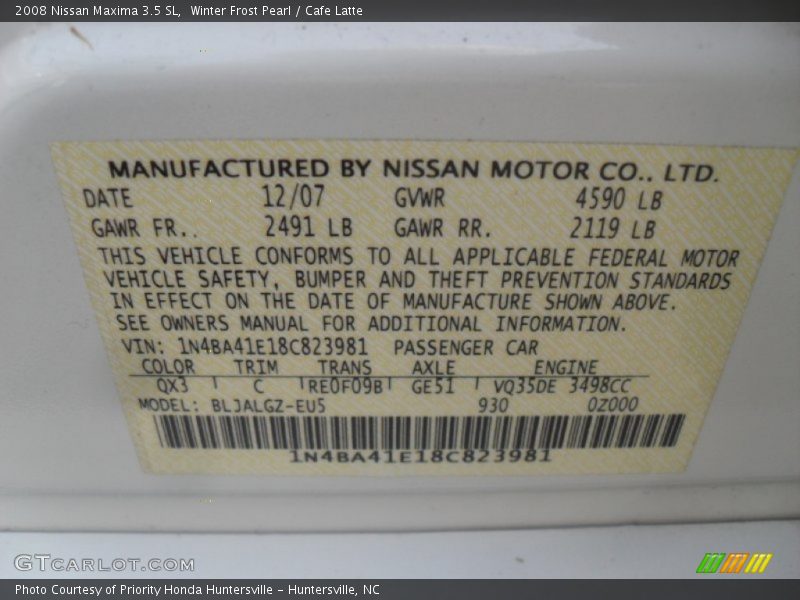 Winter Frost Pearl / Cafe Latte 2008 Nissan Maxima 3.5 SL