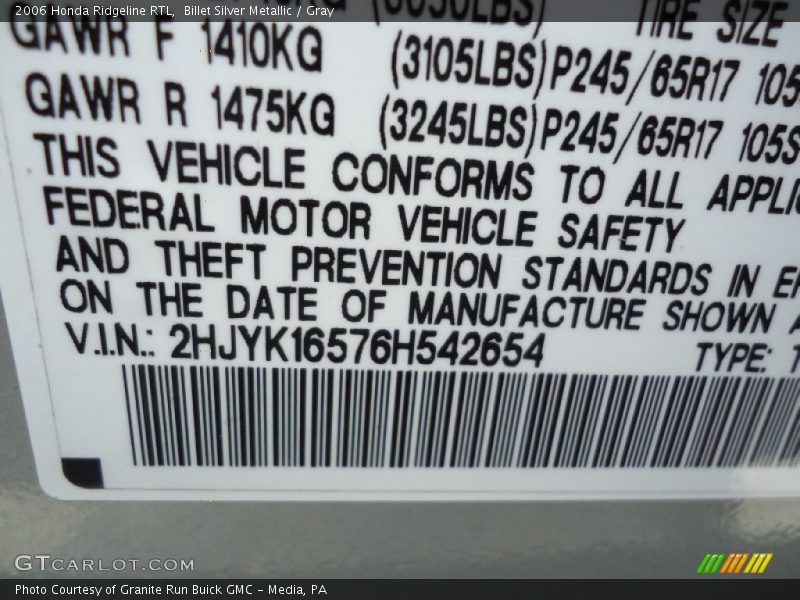 Billet Silver Metallic / Gray 2006 Honda Ridgeline RTL