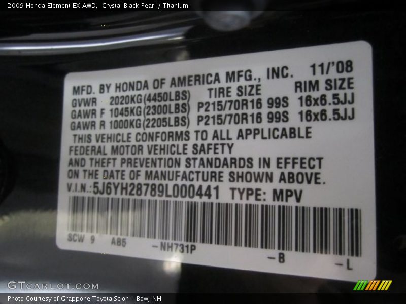 Crystal Black Pearl / Titanium 2009 Honda Element EX AWD
