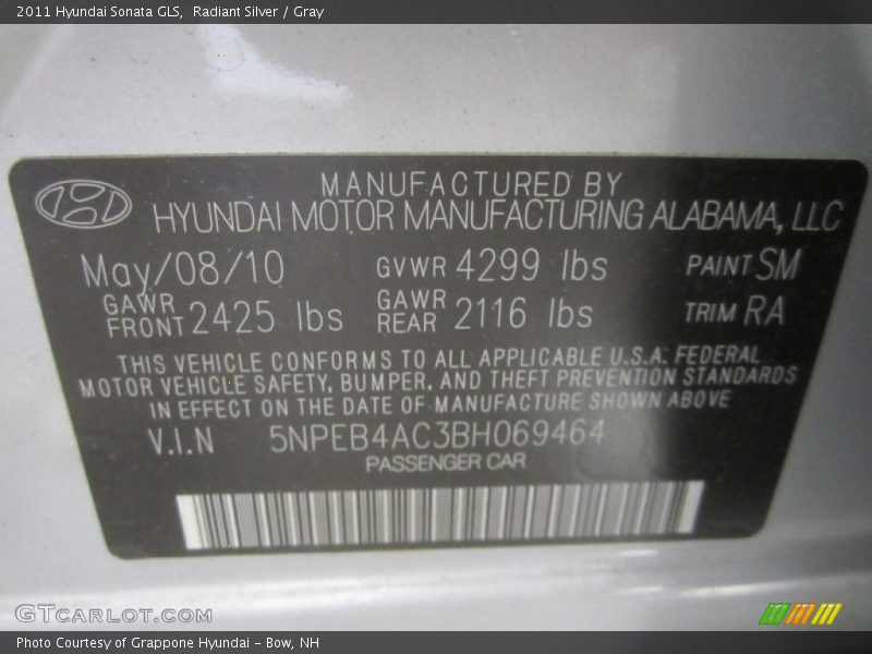 Radiant Silver / Gray 2011 Hyundai Sonata GLS