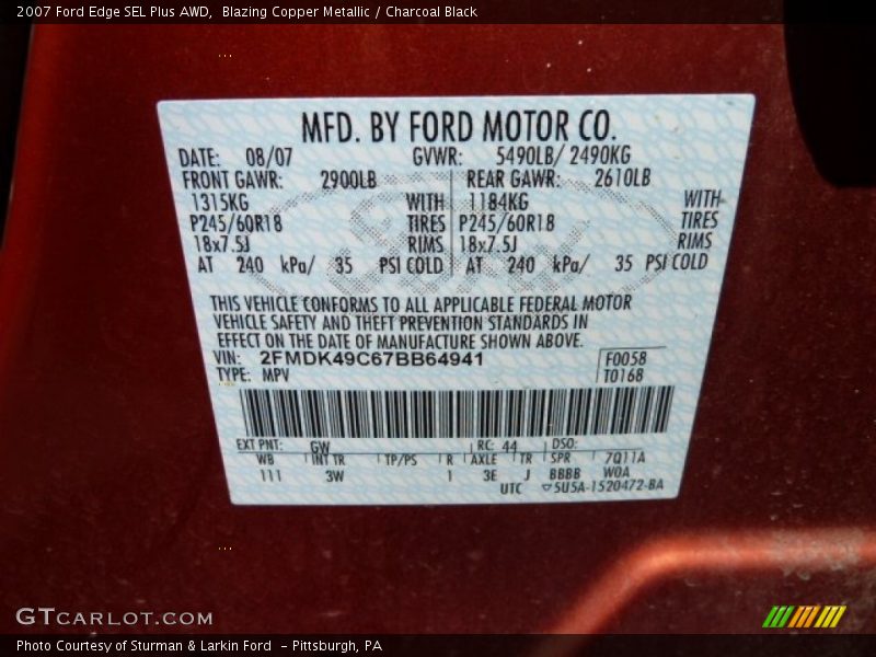 Blazing Copper Metallic / Charcoal Black 2007 Ford Edge SEL Plus AWD