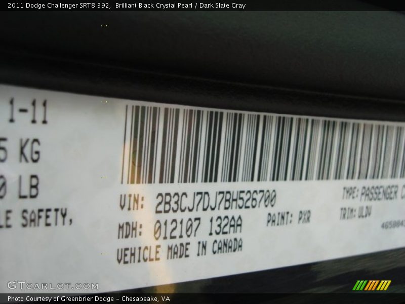 Brilliant Black Crystal Pearl / Dark Slate Gray 2011 Dodge Challenger SRT8 392