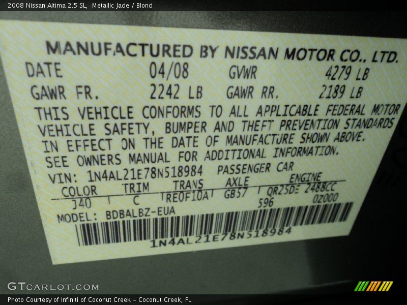 Metallic Jade / Blond 2008 Nissan Altima 2.5 SL