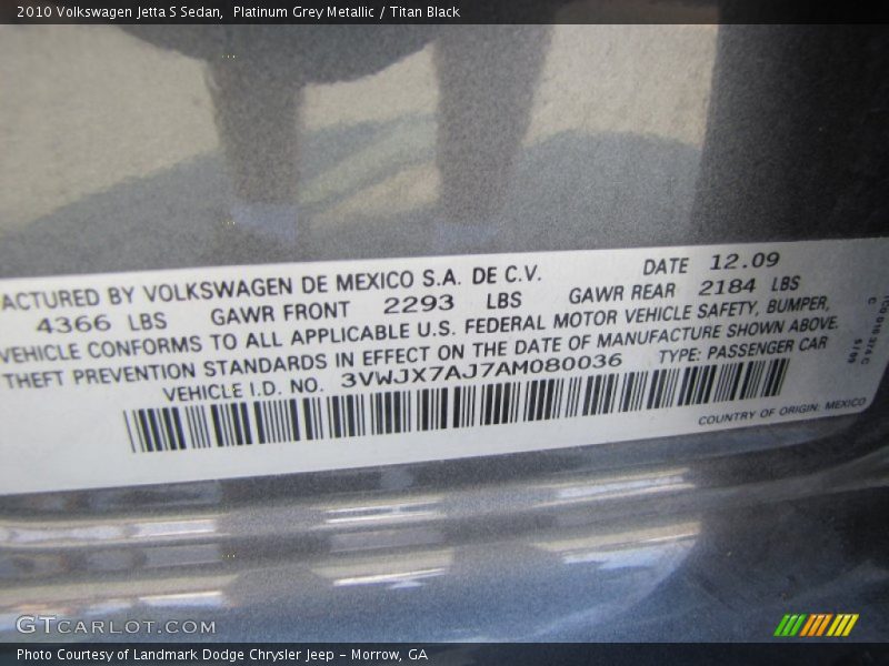 Platinum Grey Metallic / Titan Black 2010 Volkswagen Jetta S Sedan