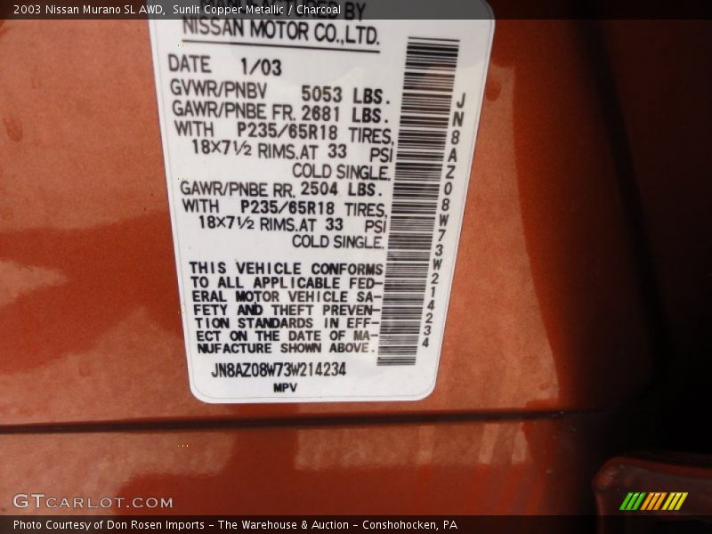 Sunlit Copper Metallic / Charcoal 2003 Nissan Murano SL AWD