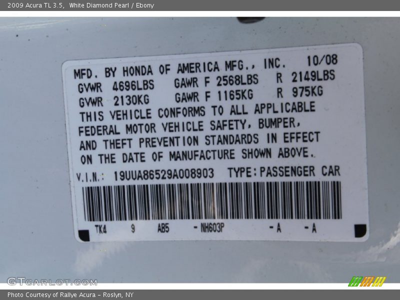 White Diamond Pearl / Ebony 2009 Acura TL 3.5