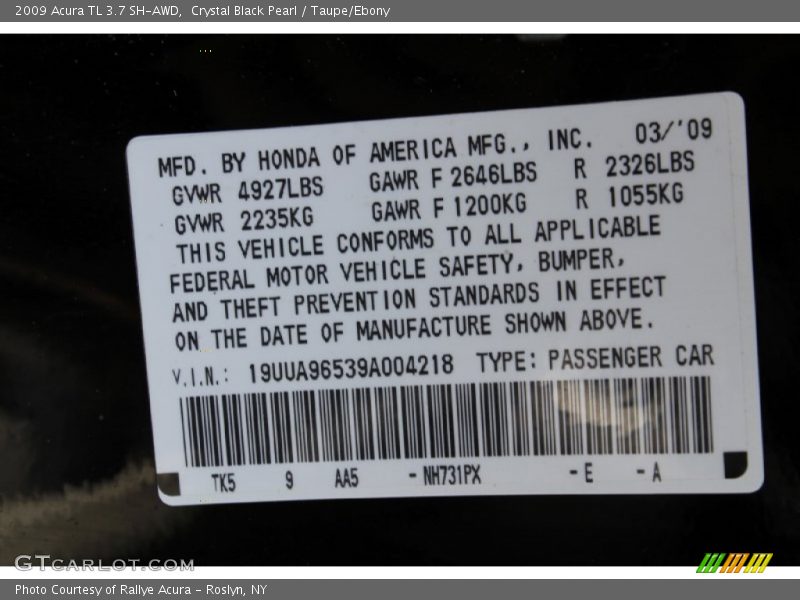 Crystal Black Pearl / Taupe/Ebony 2009 Acura TL 3.7 SH-AWD