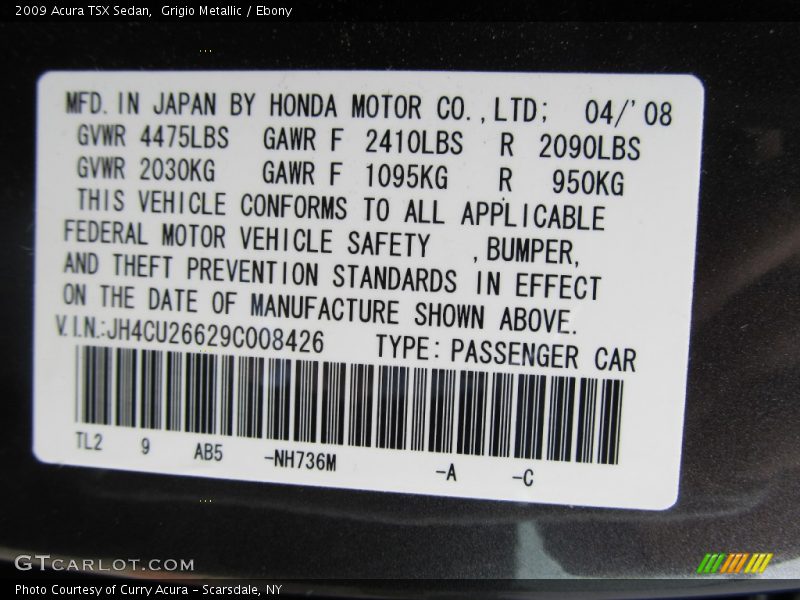 Grigio Metallic / Ebony 2009 Acura TSX Sedan