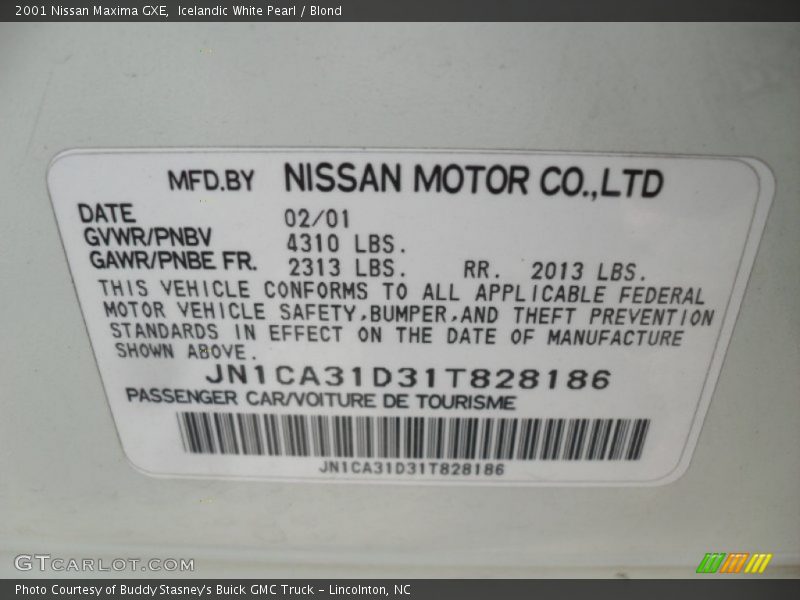 Icelandic White Pearl / Blond 2001 Nissan Maxima GXE