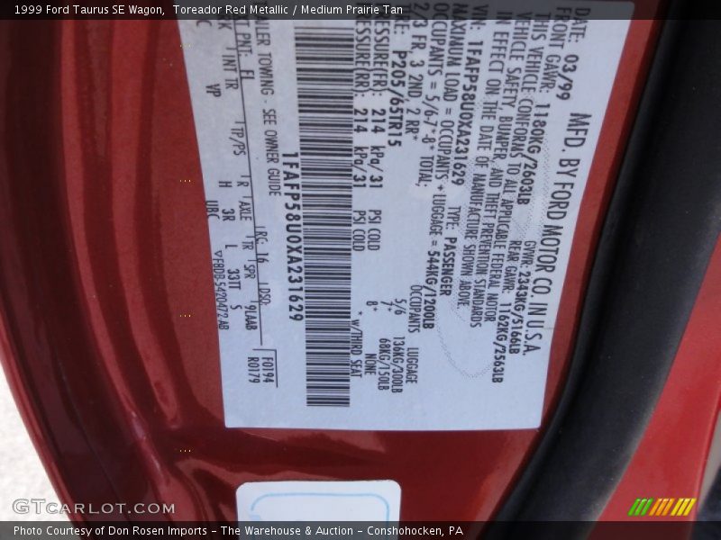 1999 Taurus SE Wagon Toreador Red Metallic Color Code FL