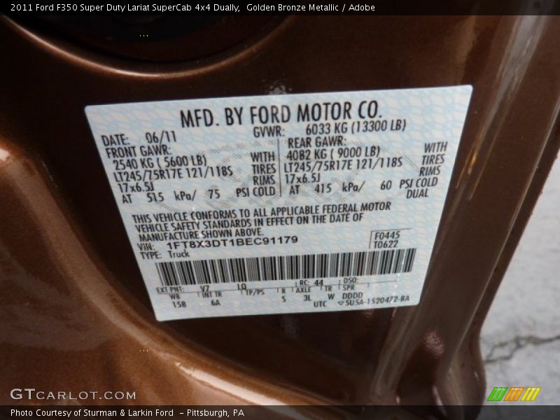 2011 F350 Super Duty Lariat SuperCab 4x4 Dually Golden Bronze Metallic Color Code V7