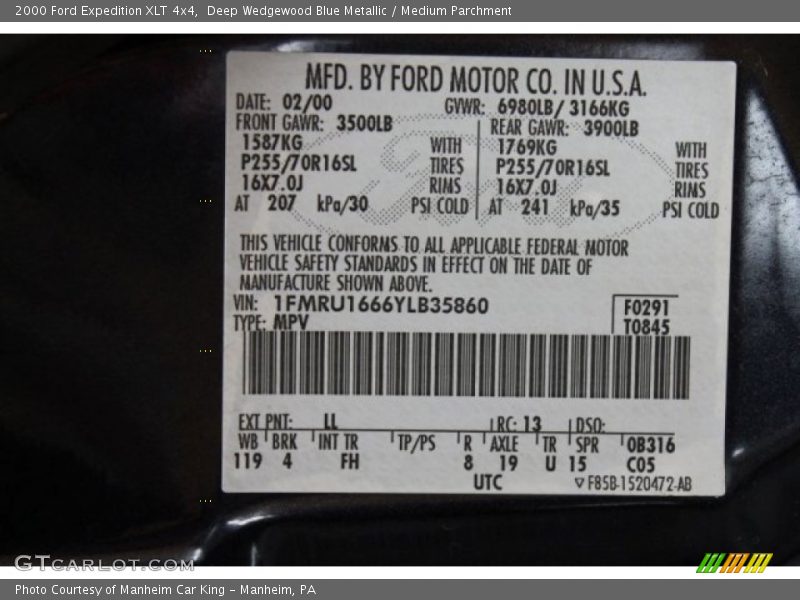 2000 Expedition XLT 4x4 Deep Wedgewood Blue Metallic Color Code LL