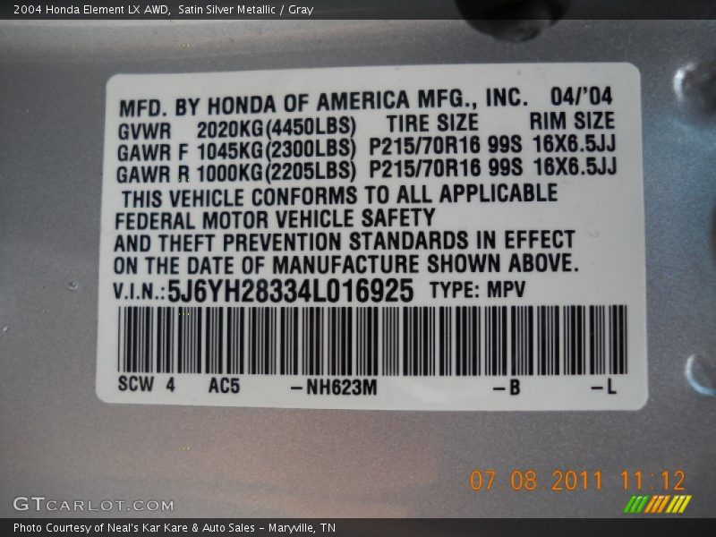 Satin Silver Metallic / Gray 2004 Honda Element LX AWD