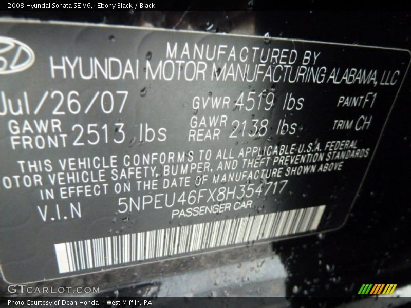 Ebony Black / Black 2008 Hyundai Sonata SE V6