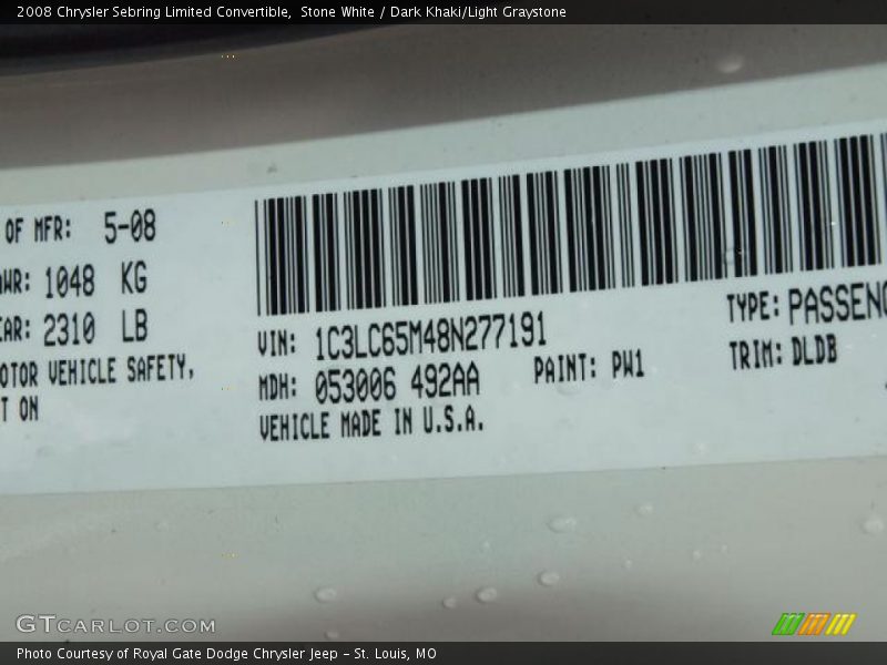 Stone White / Dark Khaki/Light Graystone 2008 Chrysler Sebring Limited Convertible