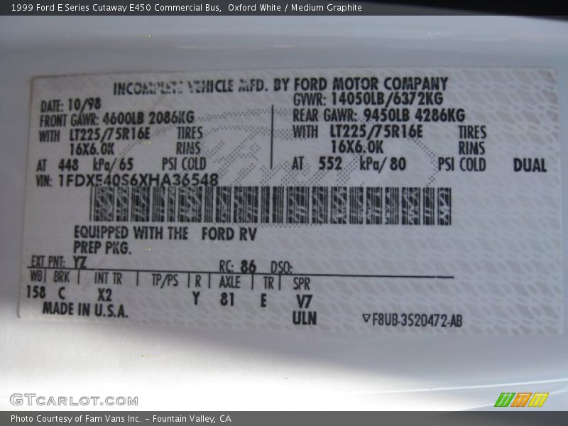 1999 E Series Cutaway E450 Commercial Bus Oxford White Color Code YZ