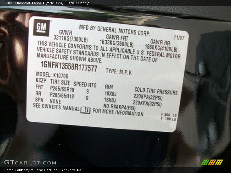 Info Tag of 2008 Tahoe Hybrid 4x4