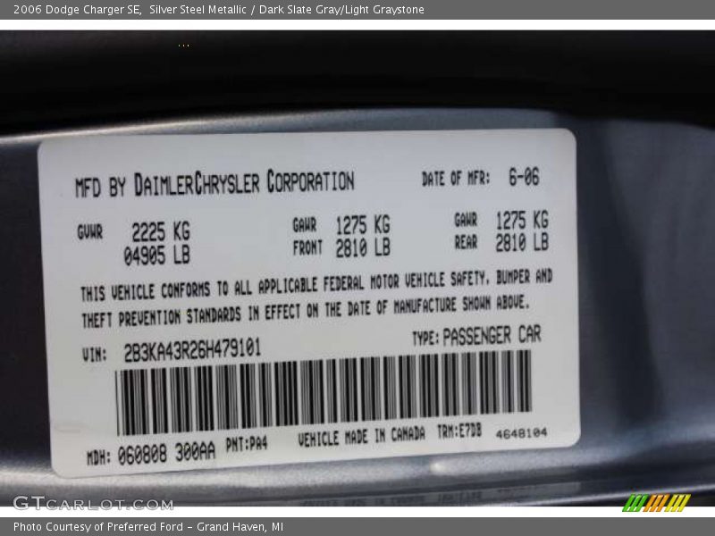 Silver Steel Metallic / Dark Slate Gray/Light Graystone 2006 Dodge Charger SE