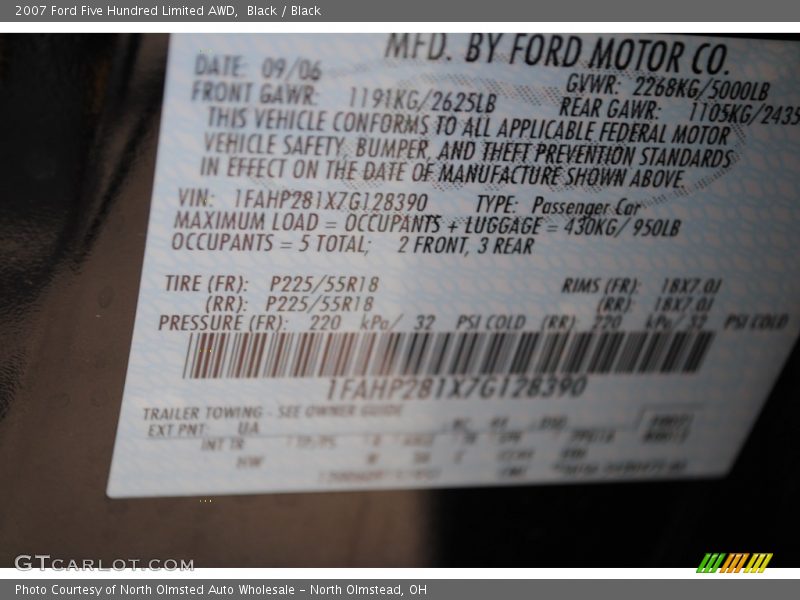 2007 Five Hundred Limited AWD Black Color Code UA