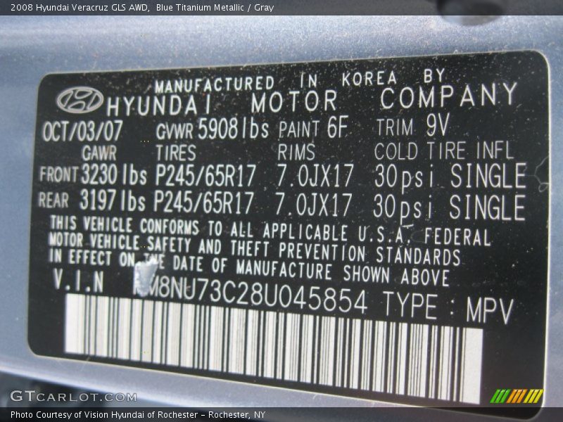 2008 Veracruz GLS AWD Blue Titanium Metallic Color Code 6F
