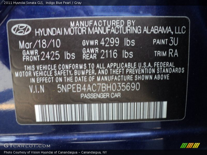 Indigo Blue Pearl / Gray 2011 Hyundai Sonata GLS