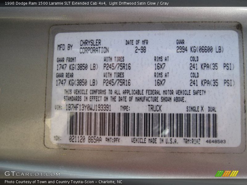 1998 Ram 1500 Laramie SLT Extended Cab 4x4 Light Driftwood Satin Glow Color Code PFK