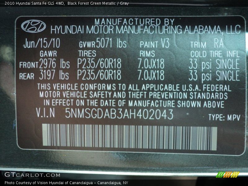 Black Forest Green Metallic / Gray 2010 Hyundai Santa Fe GLS 4WD