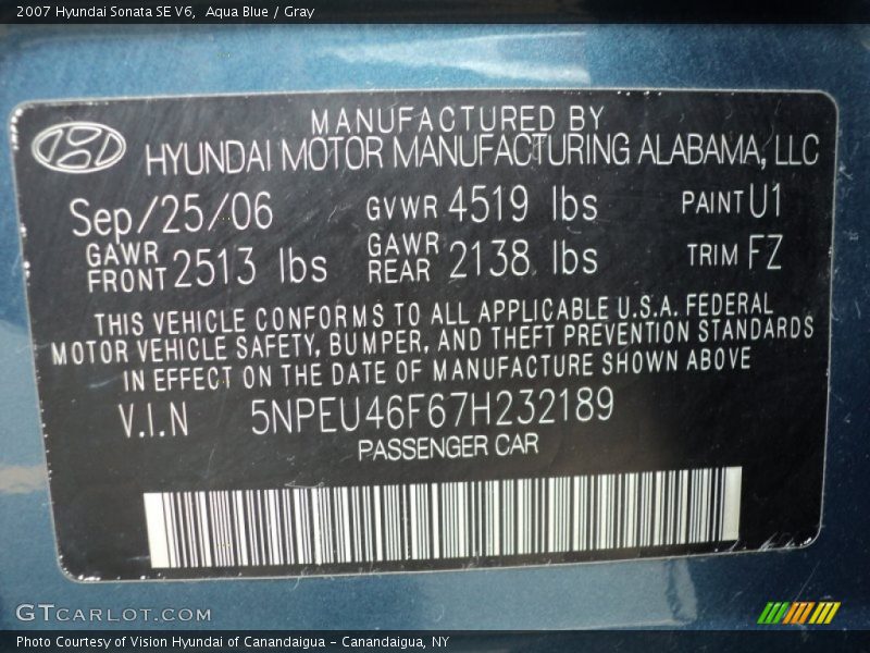 Aqua Blue / Gray 2007 Hyundai Sonata SE V6
