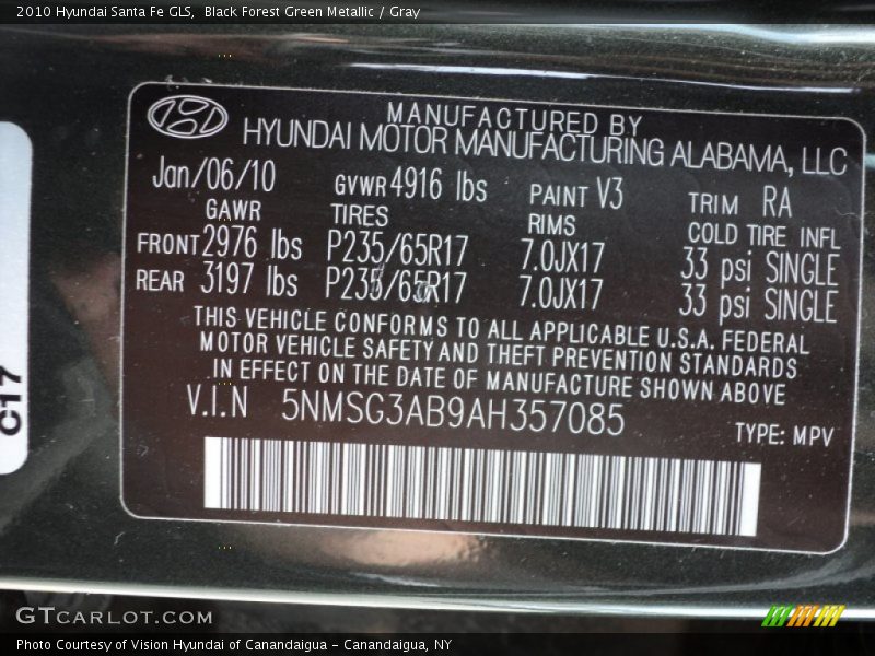 Black Forest Green Metallic / Gray 2010 Hyundai Santa Fe GLS