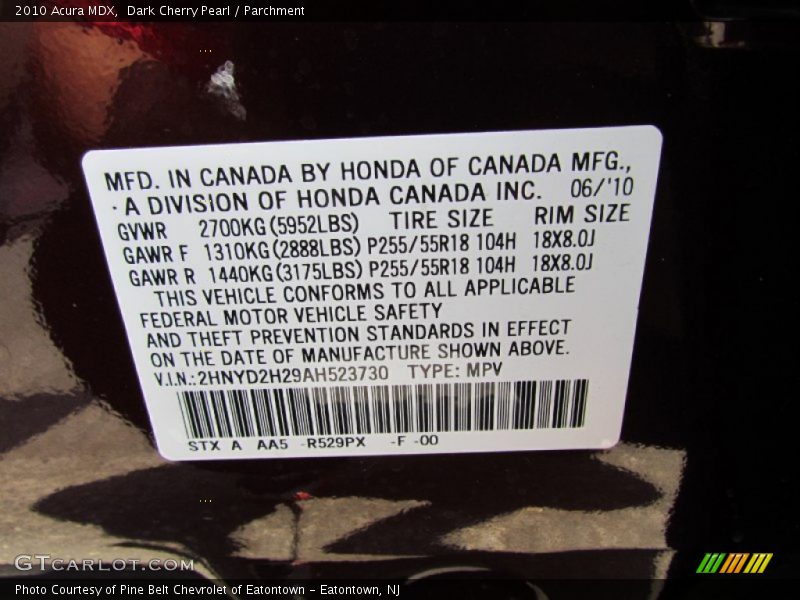 2010 MDX  Dark Cherry Pearl Color Code R529PX