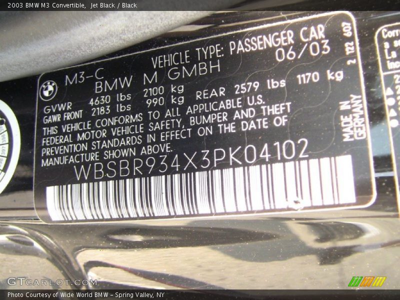 Info Tag of 2003 M3 Convertible