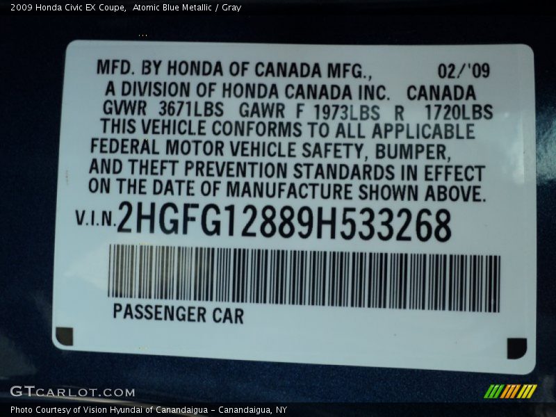 Atomic Blue Metallic / Gray 2009 Honda Civic EX Coupe