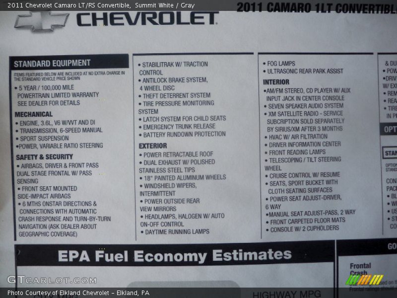  2011 Camaro LT/RS Convertible Window Sticker