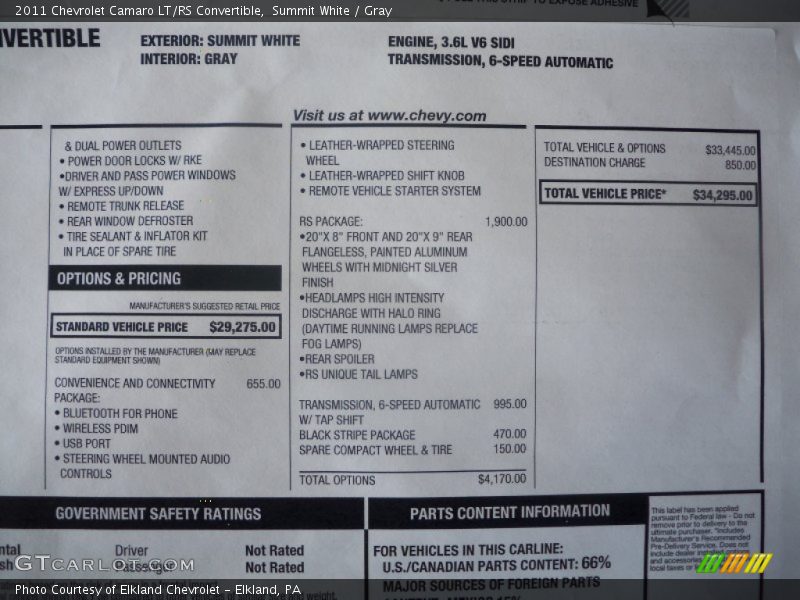  2011 Camaro LT/RS Convertible Window Sticker