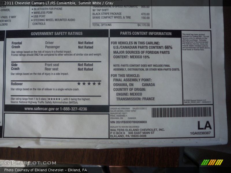  2011 Camaro LT/RS Convertible Window Sticker