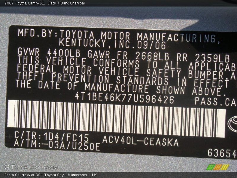 Black / Dark Charcoal 2007 Toyota Camry SE