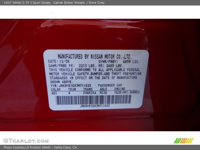 Garnet Ember Metallic / Stone Gray 2007 Infiniti G 35 S Sport Sedan
