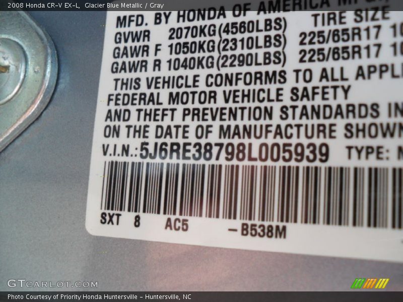 Glacier Blue Metallic / Gray 2008 Honda CR-V EX-L