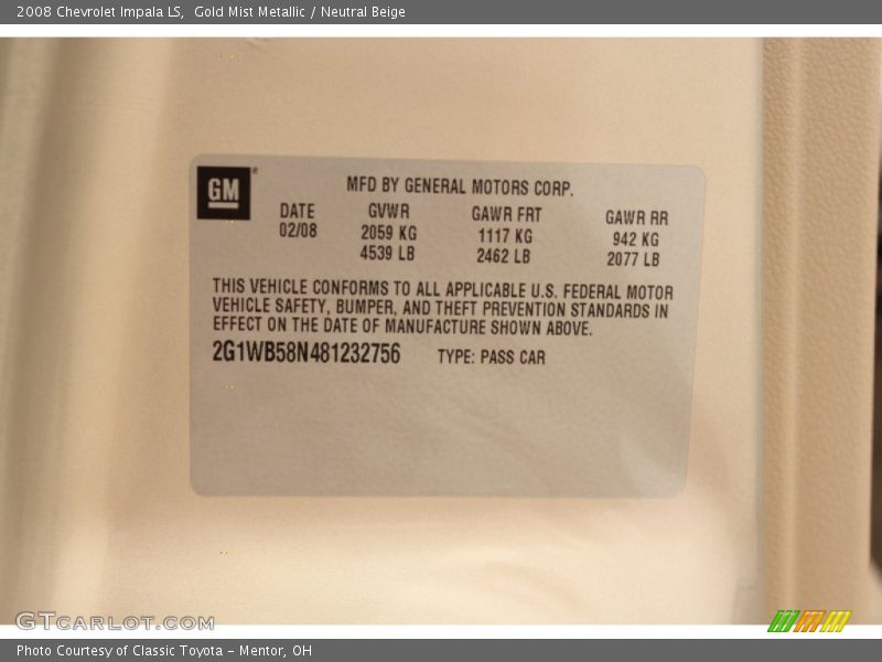 Gold Mist Metallic / Neutral Beige 2008 Chevrolet Impala LS
