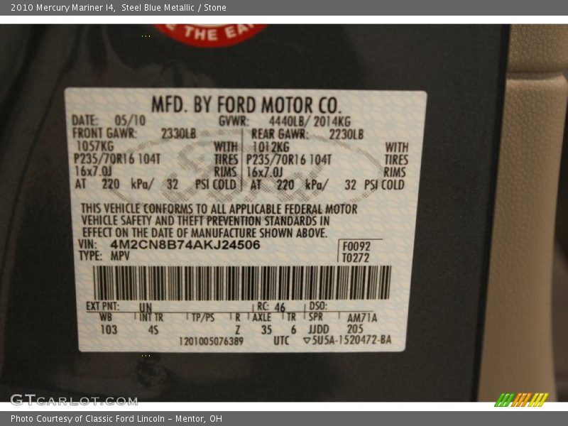 Steel Blue Metallic / Stone 2010 Mercury Mariner I4