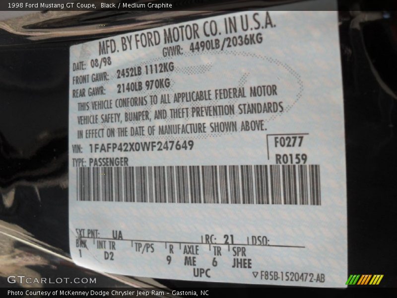 1998 Mustang GT Coupe Black Color Code UA