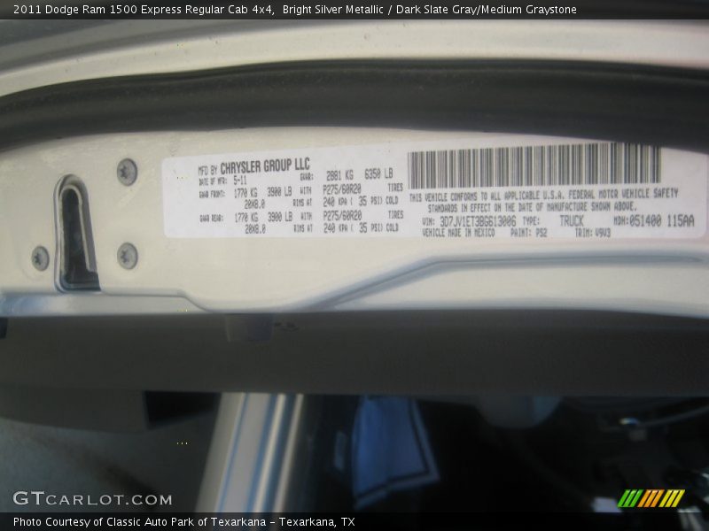 Bright Silver Metallic / Dark Slate Gray/Medium Graystone 2011 Dodge Ram 1500 Express Regular Cab 4x4