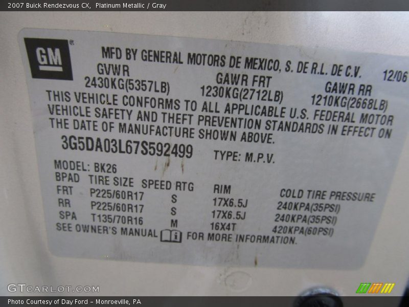 Platinum Metallic / Gray 2007 Buick Rendezvous CX