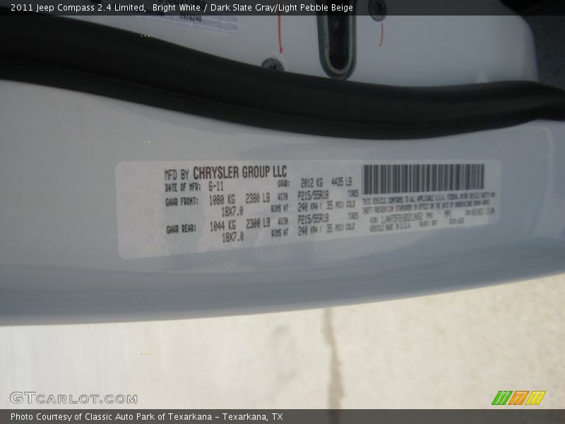 Bright White / Dark Slate Gray/Light Pebble Beige 2011 Jeep Compass 2.4 Limited
