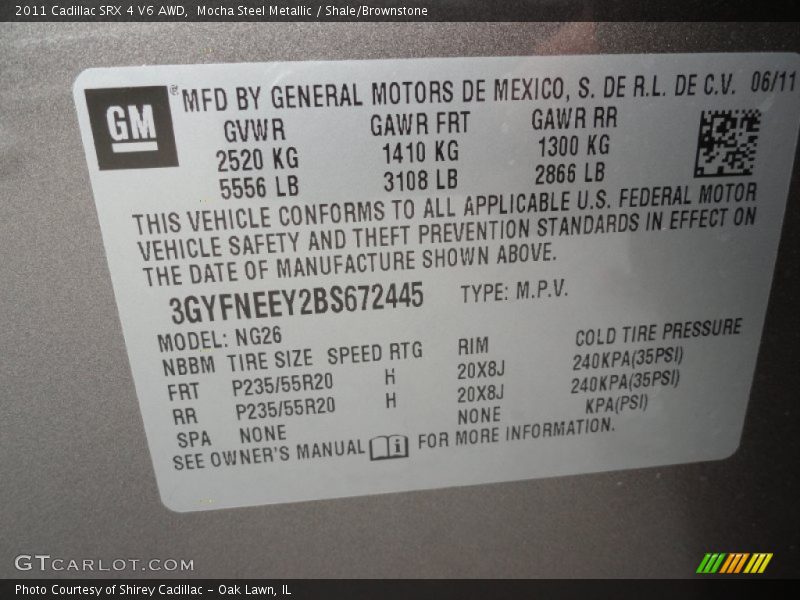 Info Tag of 2011 SRX 4 V6 AWD