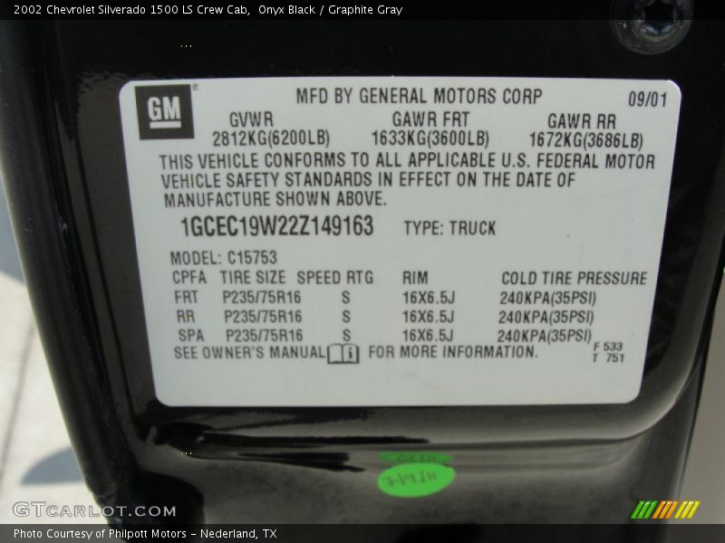 Info Tag of 2002 Silverado 1500 LS Crew Cab